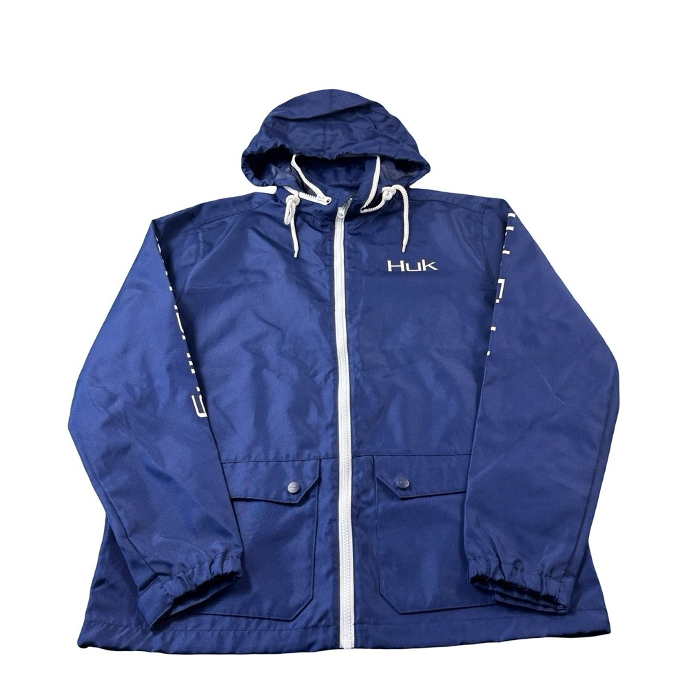 Huk Blue Fishing Jacket Mens Small Polyester Hooded Windbreaker Full Zip 7526